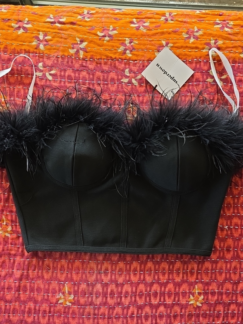 superdown Black Feather-Trim Bustier Bandeau